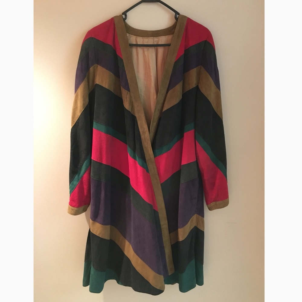 Vintage chevron color block suede leather coat